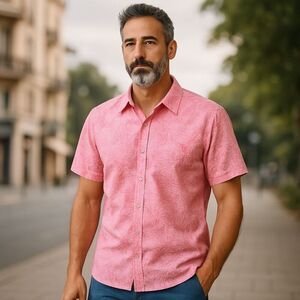 Pete Huntington Handcrafted Bali Pink Palm Leaf Shirt XL 100% Cotton Hawaiian Al